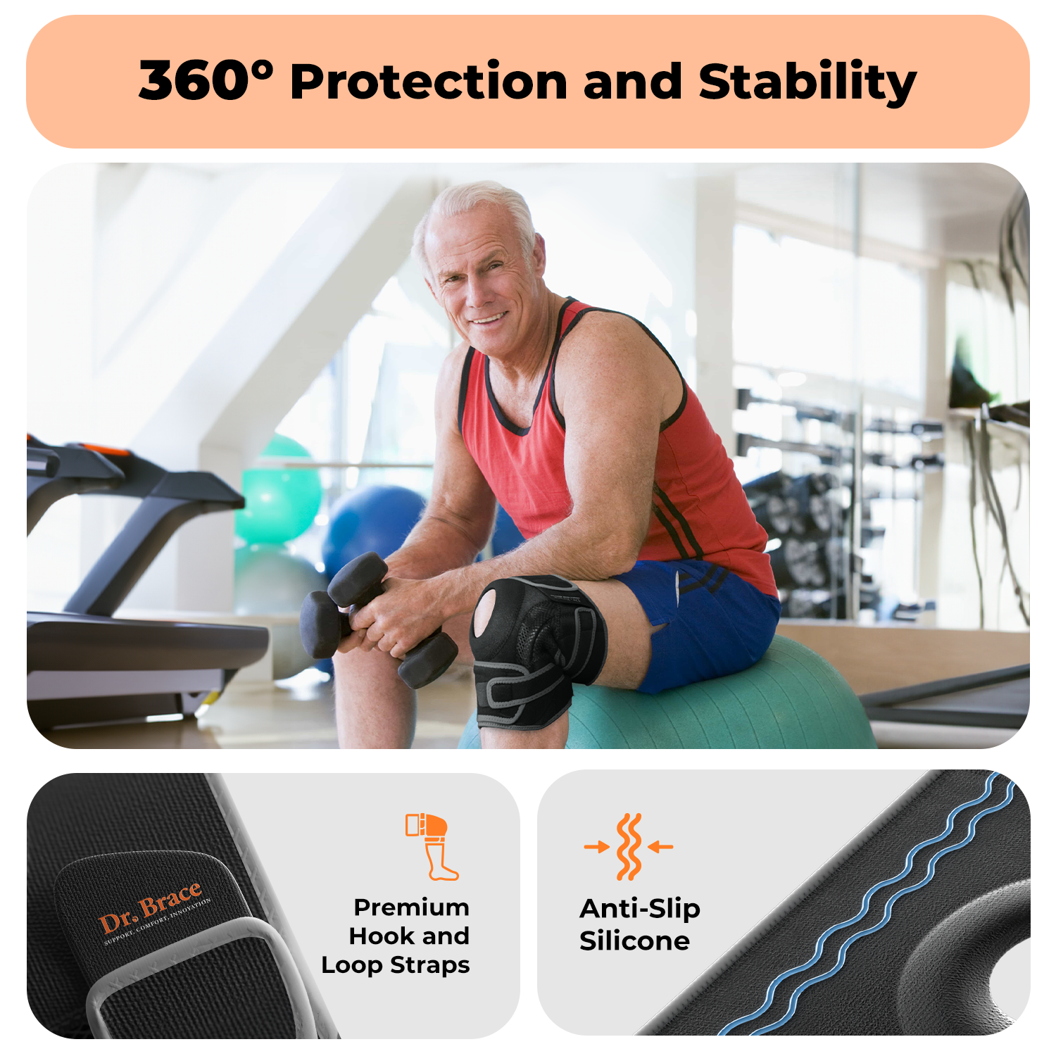 Dr. Brace Elite Knee Brace with Side Stabilizers & Patella Gel Pad - Mercury color