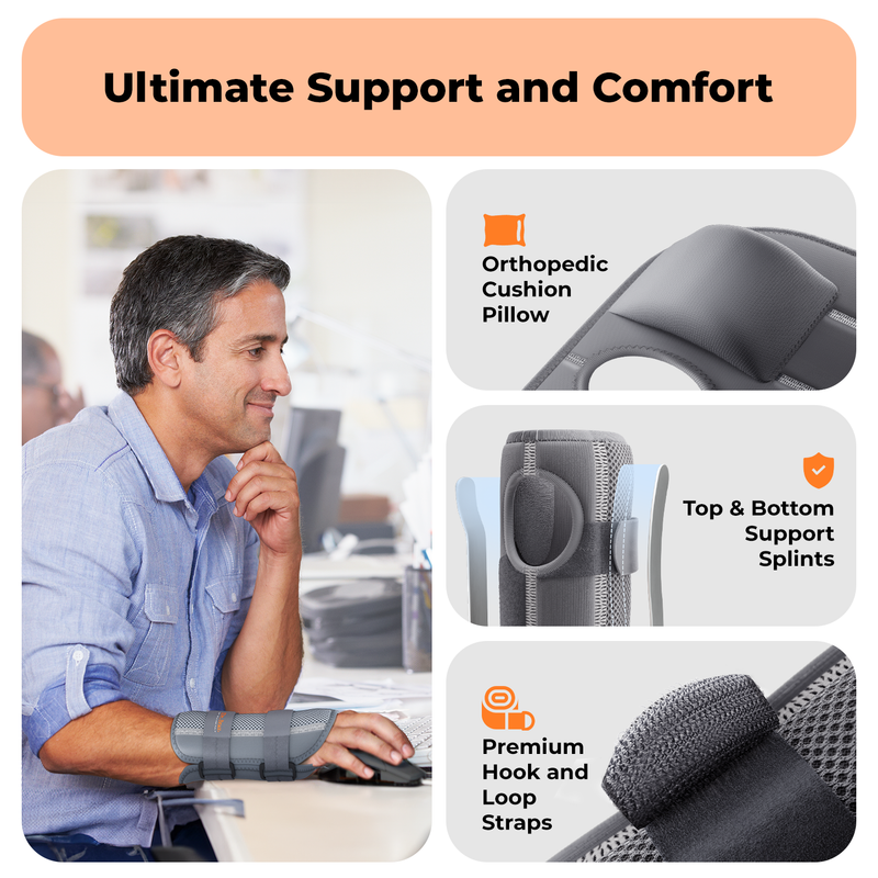 Dr. Brace Adjustable Wrist Brace with Top and Bottom Splints & Therapeutic Cushion Pillow - All Gray color