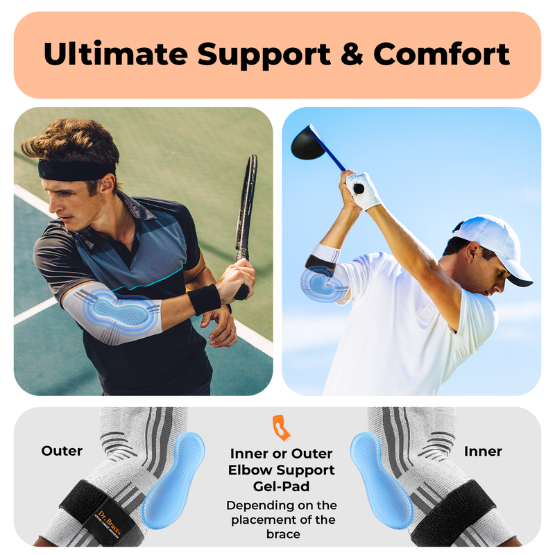 Dr. Brace Elbow Brace with side gel pad for inner or outer elbow support and adjustable strap - White / Grey color