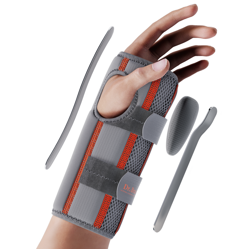 Dr. Brace Adjustable Wrist Brace with Top and Bottom Splints & Therapeutic Cushion Pillow - Gray / Orange color