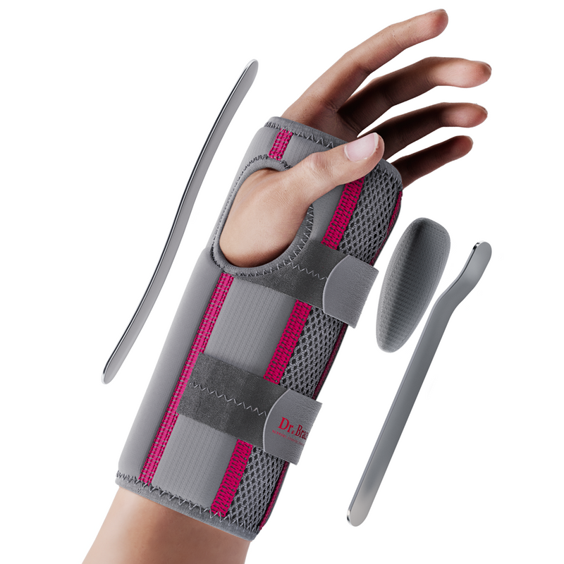 Dr. Brace Adjustable Wrist Brace with Top and Bottom Splints & Therapeutic Cushion Pillow - Gray/ Pink color