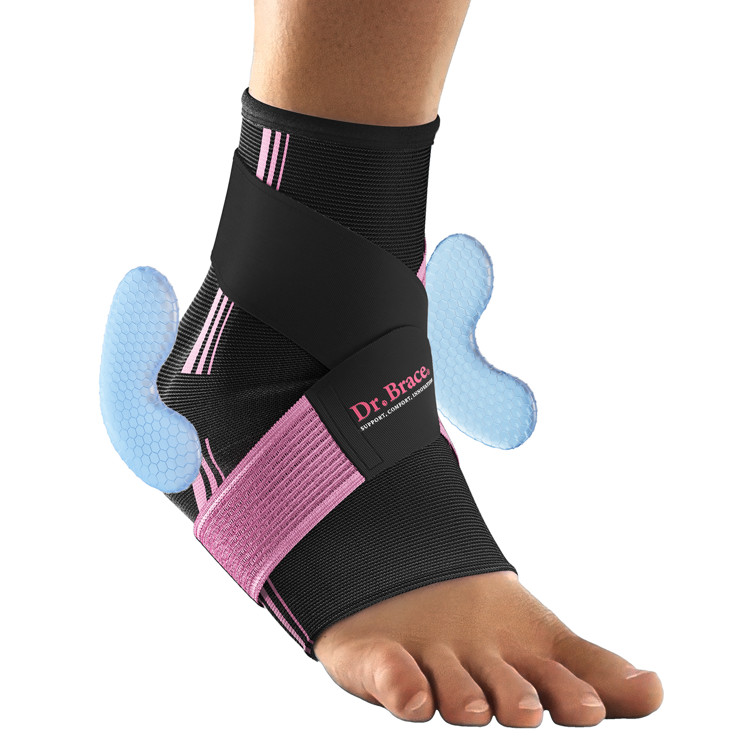 Dr. Brace Ankle Brace with Double Sided Gel Pads and Adjustable Support Strap - Black / Pink color