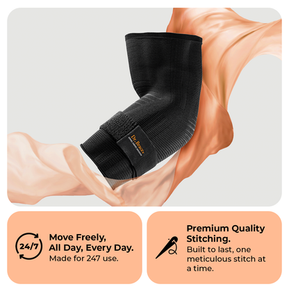 Dr. Brace Elbow Brace with side gel pad for inner or outer elbow support and adjustable strap - All Black color
