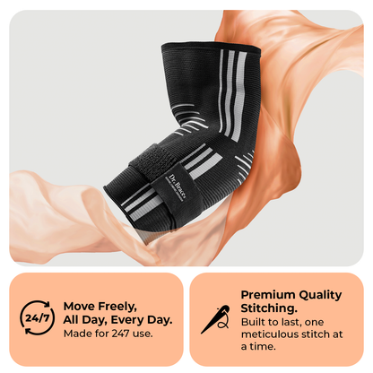 Dr. Brace Elbow Brace with side gel pad for inner or outer elbow support and adjustable strap - Black / White color