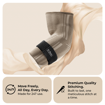 Dr. Brace Elbow Brace with side gel pad for inner or outer elbow support and adjustable strap - Beige color