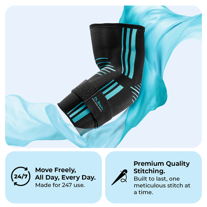 Dr. Brace Elbow Brace with side gel pad for inner or outer elbow support and adjustable strap - Black / Blue color
