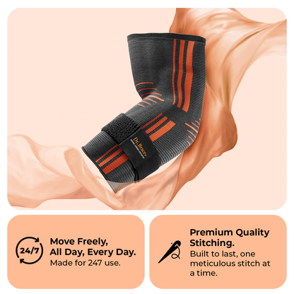 Dr. Brace Elbow Brace with side gel pad for inner or outer elbow support and adjustable strap - Grey / Orange color