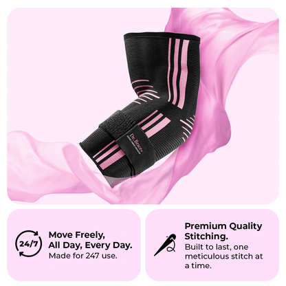 Dr. Brace Elbow Brace with side gel pad for inner or outer elbow support and adjustable strap - Black / Pink color