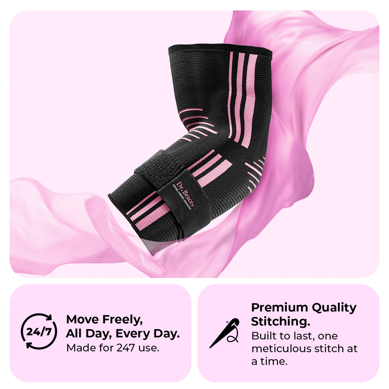 Dr. Brace Elbow Brace with side gel pad for inner or outer elbow support and adjustable strap - Black / Pink color