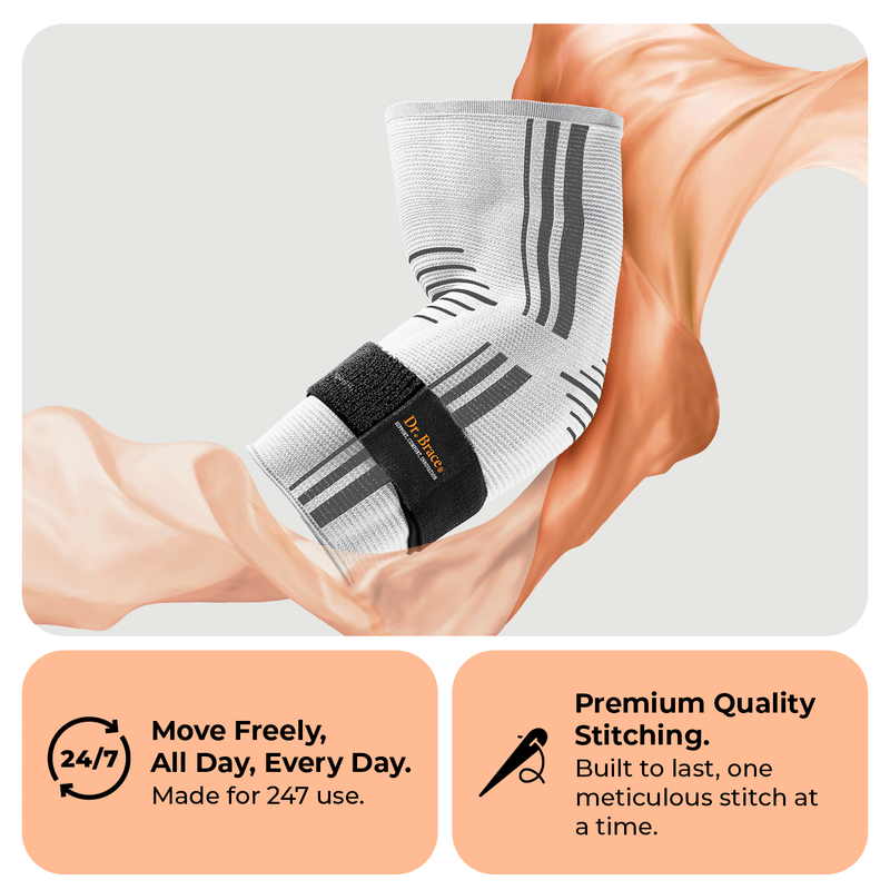 Dr. Brace Elbow Brace with side gel pad for inner or outer elbow support and adjustable strap - White / Grey color