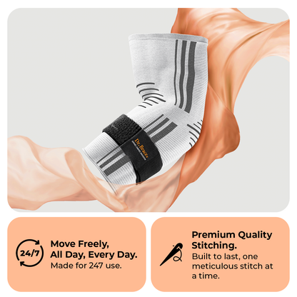 Dr. Brace Elbow Brace with side gel pad for inner or outer elbow support and adjustable strap - White / Grey color