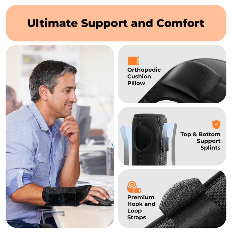 Dr. Brace Adjustable Wrist Brace with Top and Bottom Splints & Therapeutic Cushion Pillow - All Black color