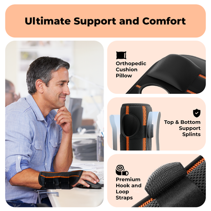 Dr. Brace Adjustable Wrist Brace with Top and Bottom Splints & Therapeutic Cushion Pillow - Black / Orange color