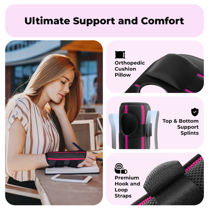 Dr. Brace Adjustable Wrist Brace with Top and Bottom Splints & Therapeutic Cushion Pillow - Black / Pink color