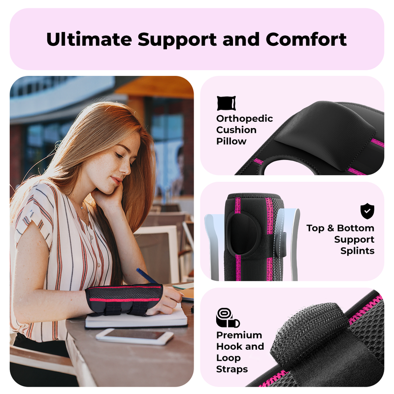 Dr. Brace Adjustable Wrist Brace with Top and Bottom Splints & Therapeutic Cushion Pillow - Black / Pink color