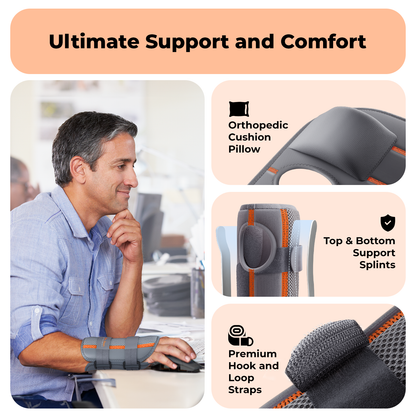 Dr. Brace Adjustable Wrist Brace with Top and Bottom Splints & Therapeutic Cushion Pillow - Gray / Orange color