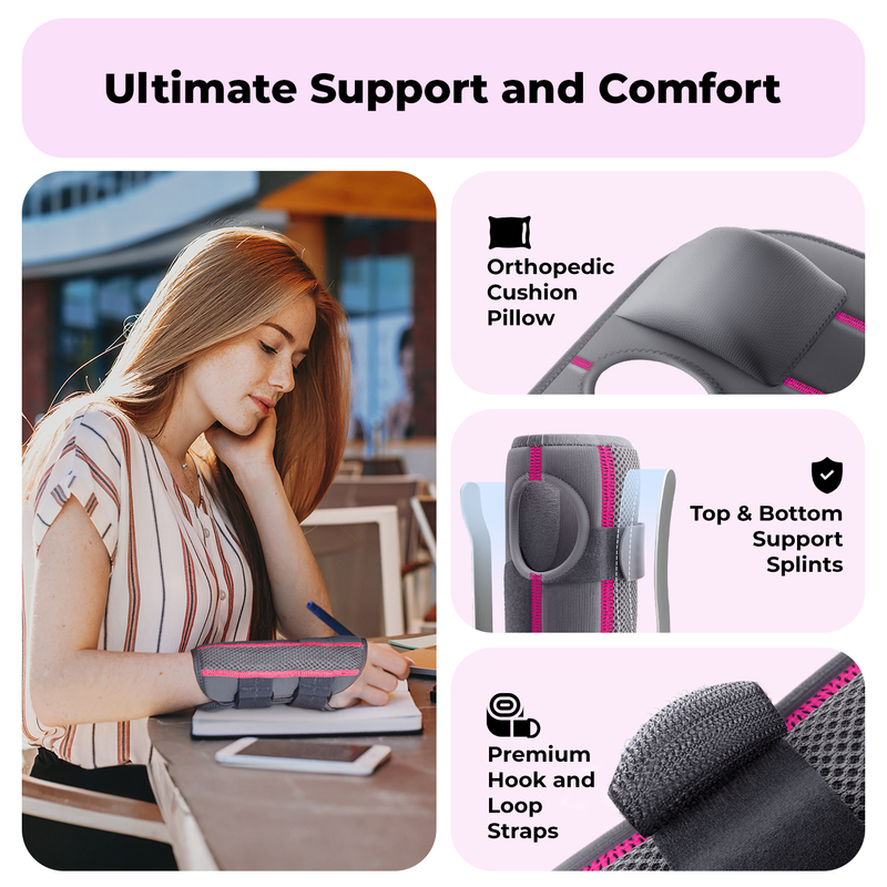 Dr. Brace Adjustable Wrist Brace with Top and Bottom Splints & Therapeutic Cushion Pillow - Gray/ Pink color