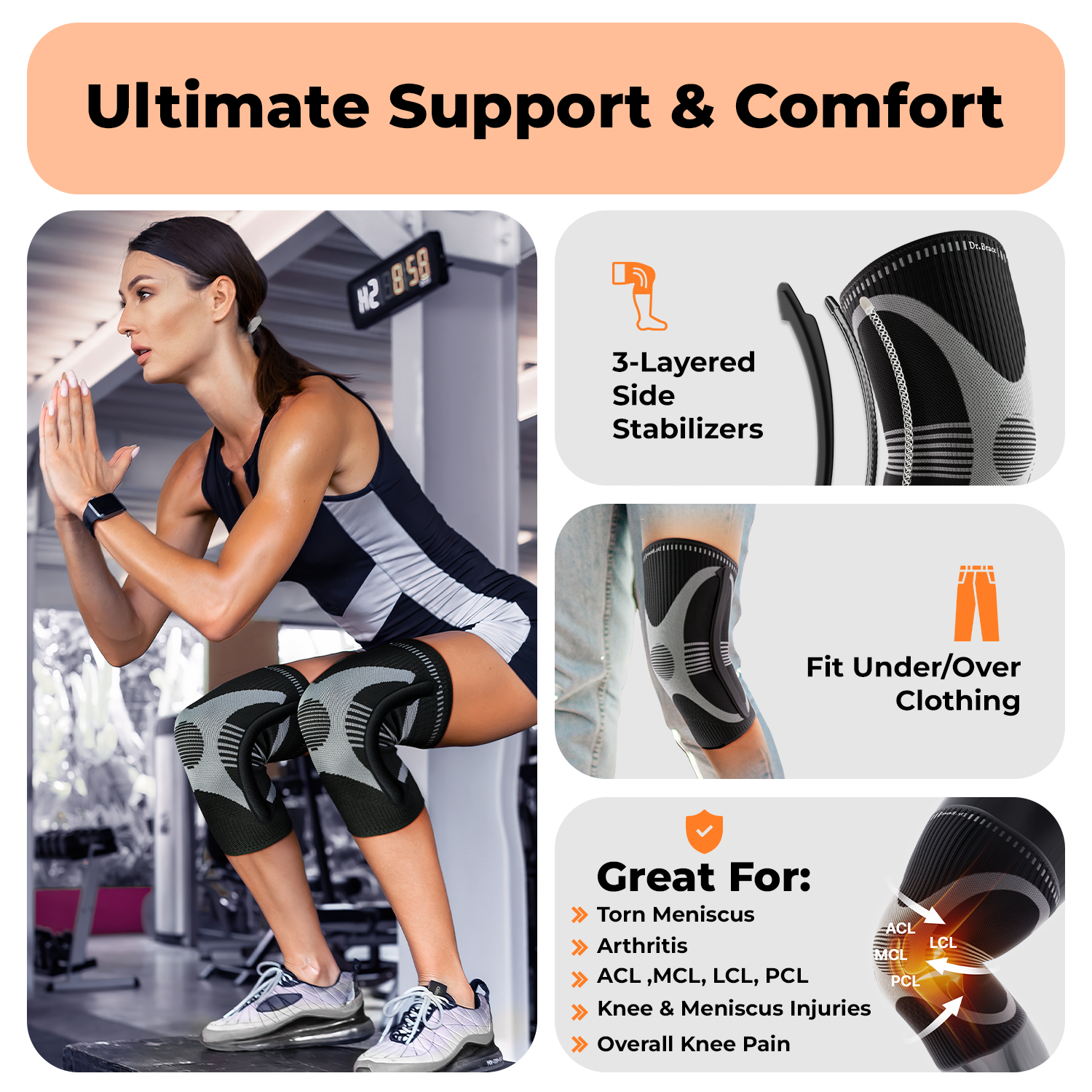 Dr. Brace 2 Pack Knee Compression Sleeve with Side Stabilizers - Mercury