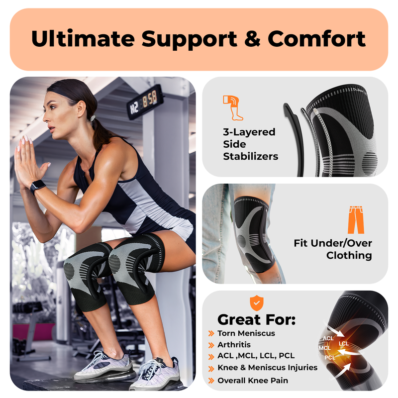 Dr. Brace 2 Pack Knee Compression Sleeve with Side Stabilizers - Mercury