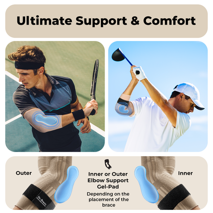 Dr. Brace Elbow Brace with side gel pad for inner or outer elbow support and adjustable strap - Beige color
