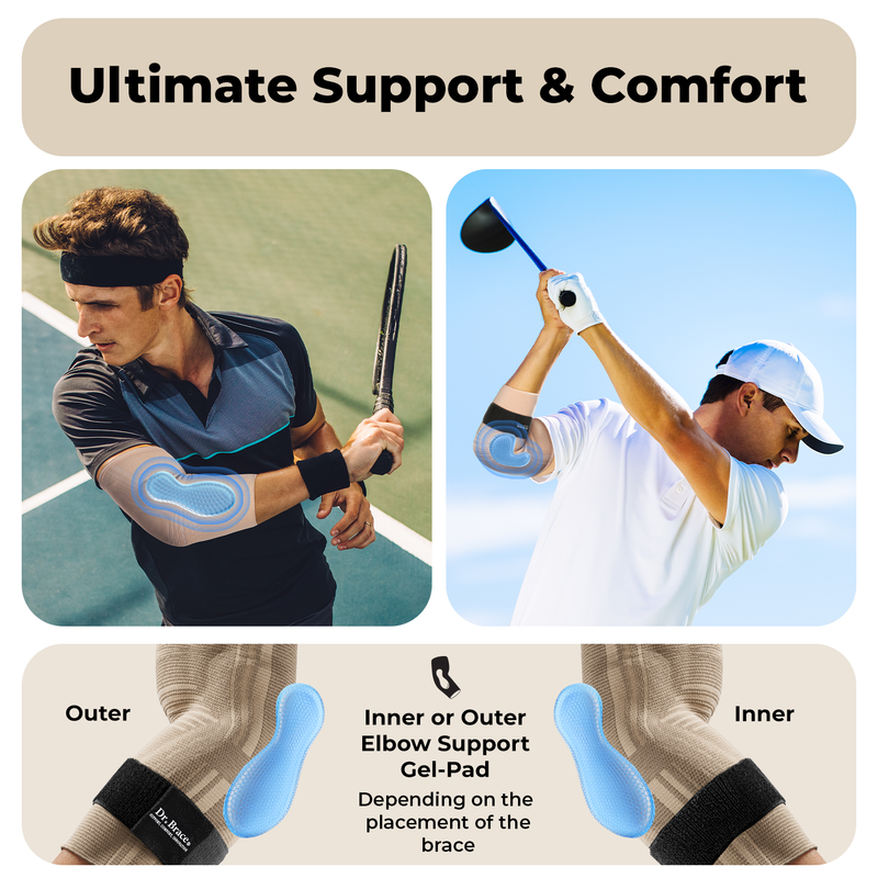 Dr. Brace Elbow Brace with side gel pad for inner or outer elbow support and adjustable strap - Beige color