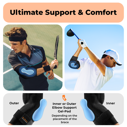 Dr. Brace Elbow Brace with side gel pad for inner or outer elbow support and adjustable strap - All Black color