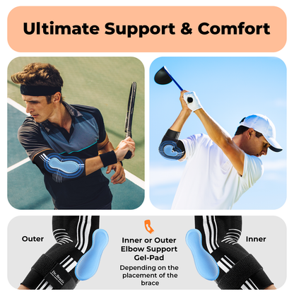 Dr. Brace Elbow Brace with side gel pad for inner or outer elbow support and adjustable strap - Black / White color