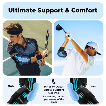 Dr. Brace Elbow Brace with side gel pad for inner or outer elbow support and adjustable strap - Black / Blue color