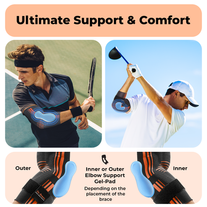 Dr. Brace Elbow Brace with side gel pad for inner or outer elbow support and adjustable strap - Grey / Orange color