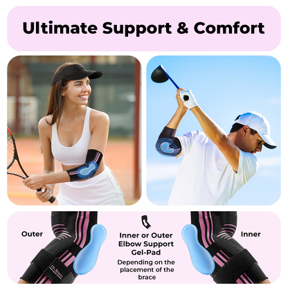 Dr. Brace Elbow Brace with side gel pad for inner or outer elbow support and adjustable strap - Black / Pink color