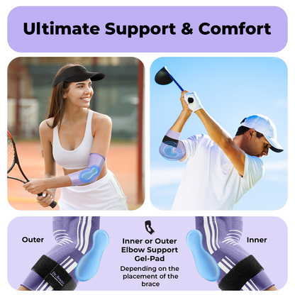 Dr. Brace Elbow Brace with side gel pad for inner or outer elbow support and adjustable strap - Purple / White color