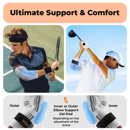 Dr. Brace Elbow Brace with side gel pad for inner or outer elbow support and adjustable strap - White / Grey color