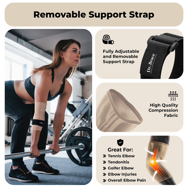 Dr. Brace Elbow Brace with side gel pad for inner or outer elbow support and adjustable strap - Beige color