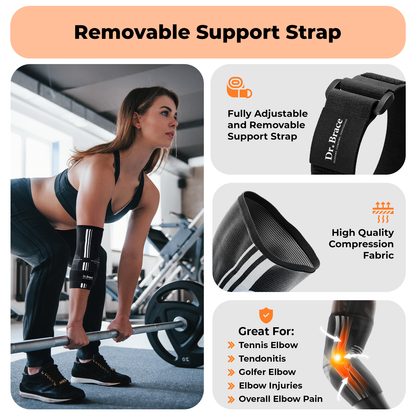 Dr. Brace Elbow Brace with side gel pad for inner or outer elbow support and adjustable strap - Black / White color