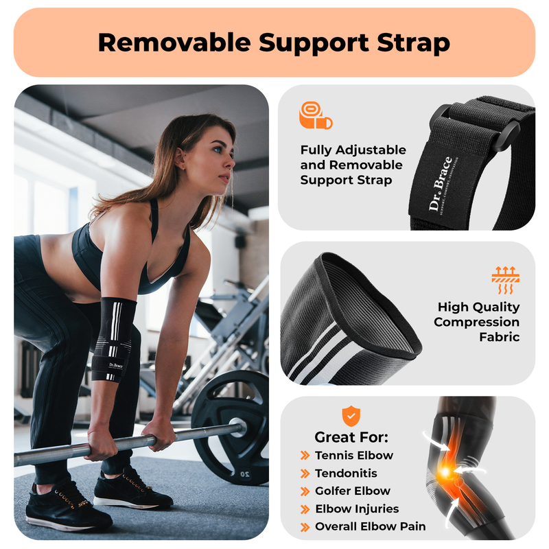 Dr. Brace Elbow Brace with side gel pad for inner or outer elbow support and adjustable strap - Black / White color