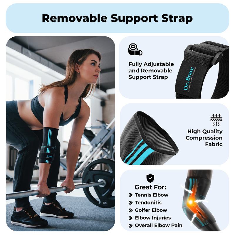 Dr. Brace Elbow Brace with side gel pad for inner or outer elbow support and adjustable strap - Black / Blue color