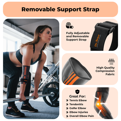 Dr. Brace Elbow Brace with side gel pad for inner or outer elbow support and adjustable strap - Grey / Orange color