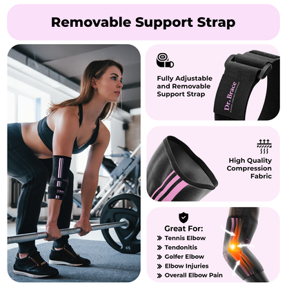 Dr. Brace Elbow Brace with side gel pad for inner or outer elbow support and adjustable strap - Black / Pink color