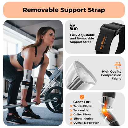 Dr. Brace Elbow Brace with side gel pad for inner or outer elbow support and adjustable strap - White / Grey color