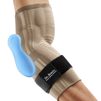 Dr. Brace Elbow Brace with side gel pad for inner or outer elbow support and adjustable strap - Beige color