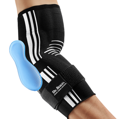 Dr. Brace Elbow Brace with side gel pad for inner or outer elbow support and adjustable strap - Black / White color