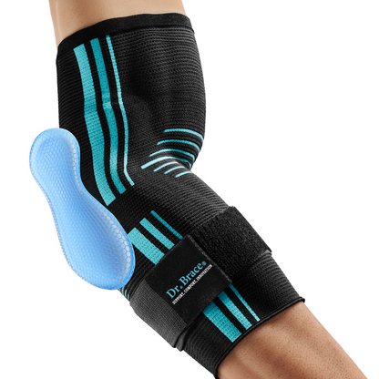 Dr. Brace Elbow Brace with side gel pad for inner or outer elbow support and adjustable strap - Black / Blue color