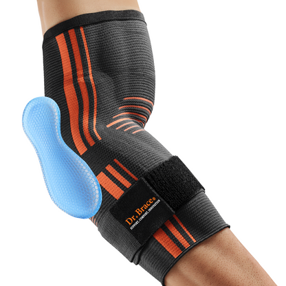 Dr. Brace Elbow Brace with side gel pad for inner or outer elbow support and adjustable strap - Grey / Orange color