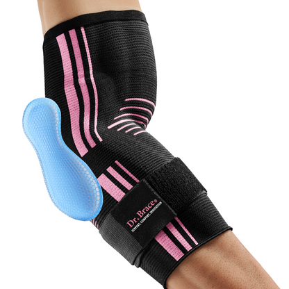 Dr. Brace Elbow Brace with side gel pad for inner or outer elbow support and adjustable strap - Black / Pink color