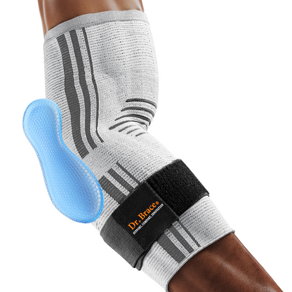 Dr. Brace Elbow Brace with side gel pad for inner or outer elbow support and adjustable strap - White / Grey color